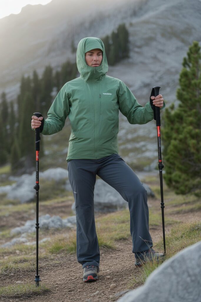A side-by-side diagram of a hiker with trekking poles adjusted for flat, uphill, and downhill terrain.