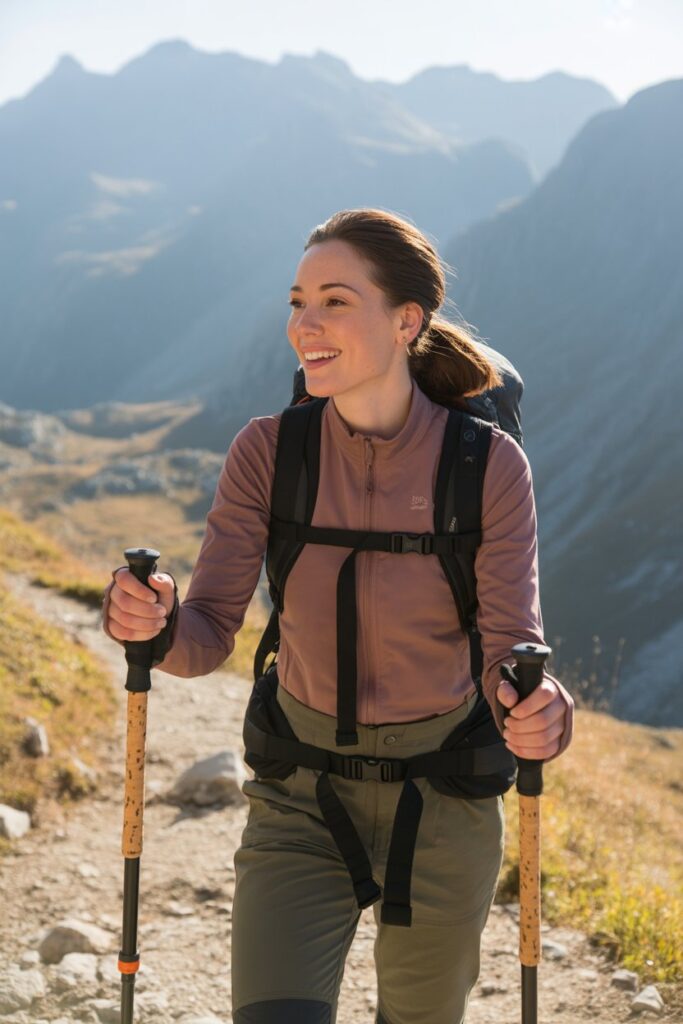 A stylish young woman hiking in the mountains on a sunny autumn day, holding a pair of cork-grip trekking poles, wearing modern outdoor clothing in earthy tones, smiling confidently on a rocky trail with scenic mountain views in the background – cinematic lighting, sharp focus, high detail