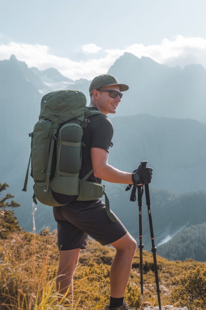 Happy hiker at a mountain overlook, trekking poles perfectly adjusted, with a look of relaxed satisfaction.